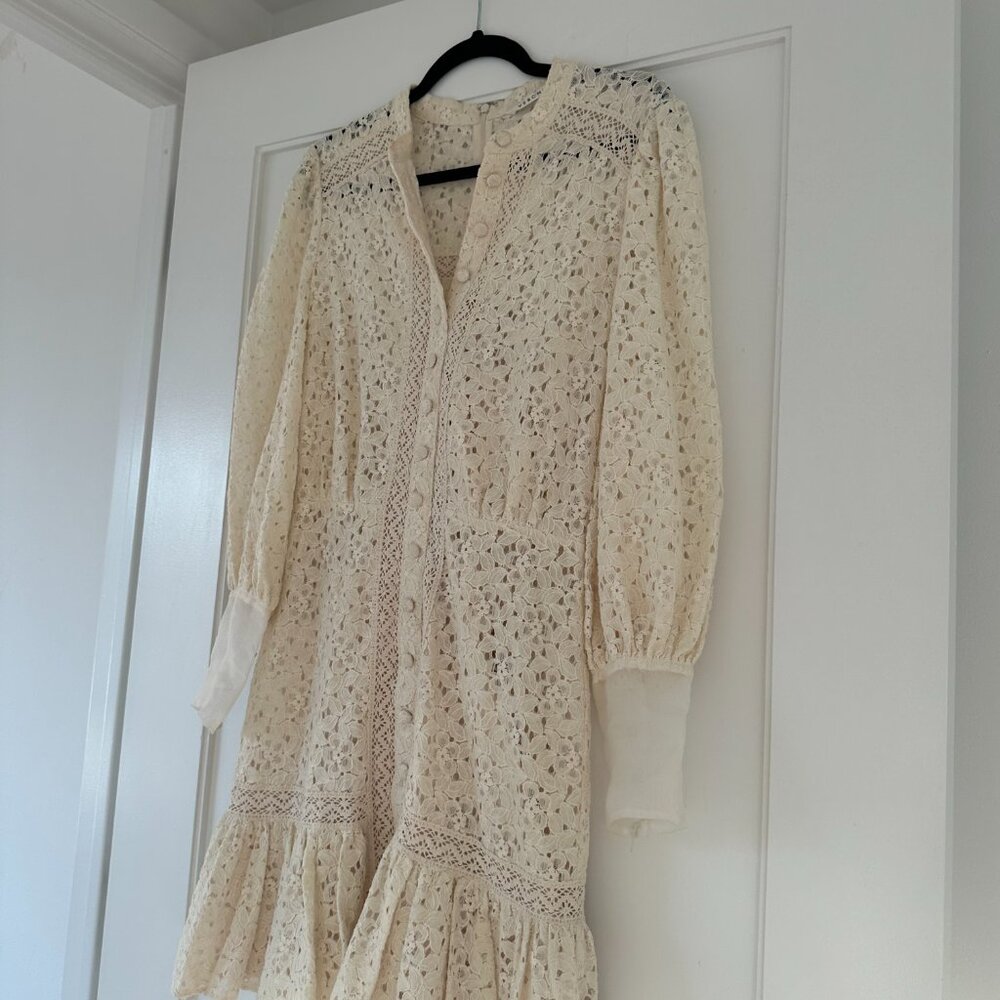 Veronica Beard Lace Mini Dress Sz 4 In Stone Khaki Button Down Ruffle Skirt